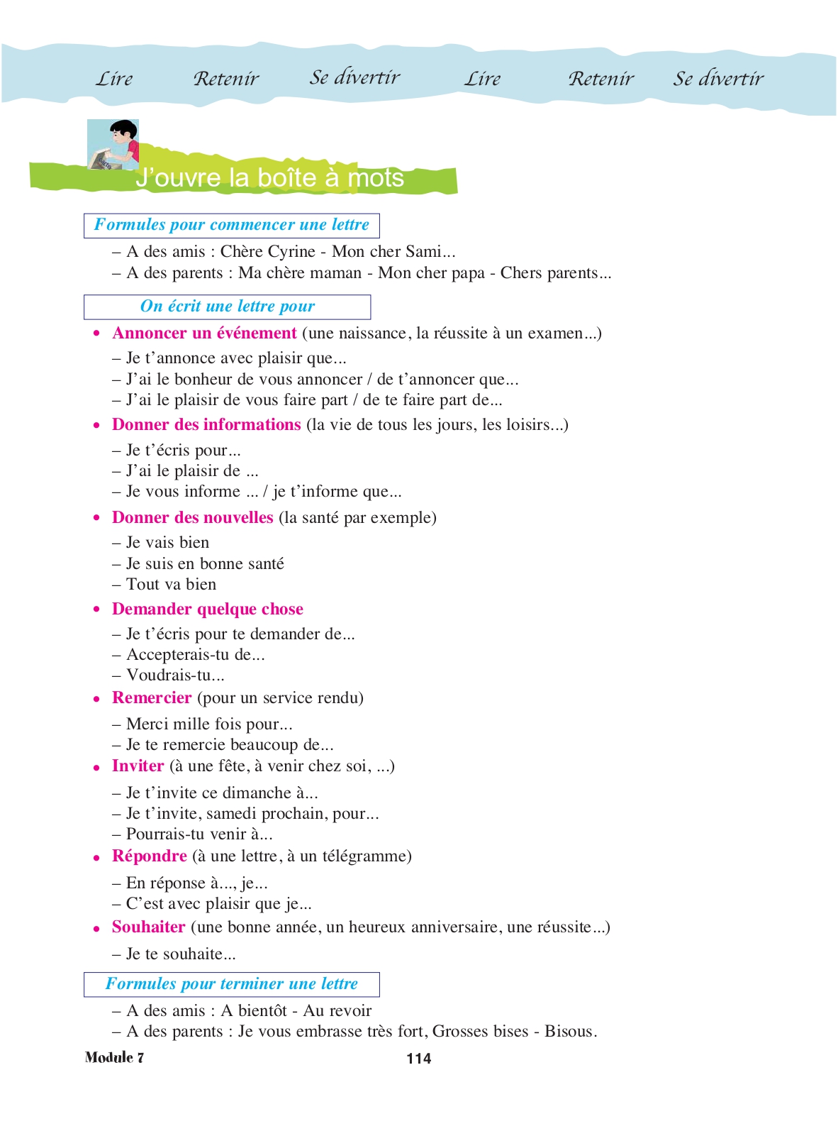 Cahier, page 114 : « J'ouvre la boîte à mots — La correspondance »